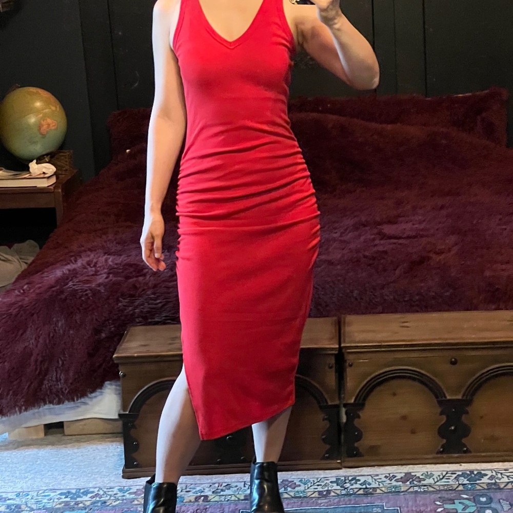 Ruched Red Bodycon Ribbed Red MIDI Dress